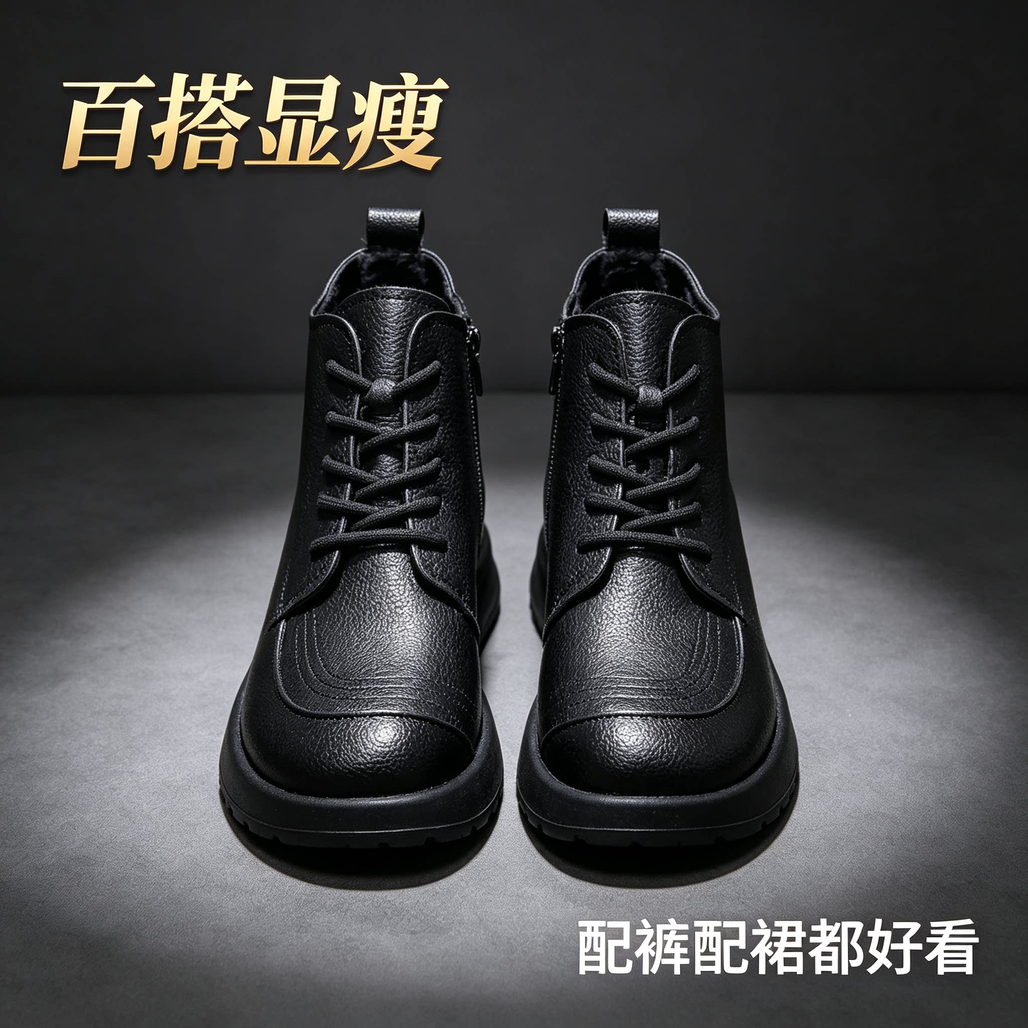 冬季超纤皮加绒短靴女增高保暖棉靴百搭显瘦系带休闲时尚马丁靴