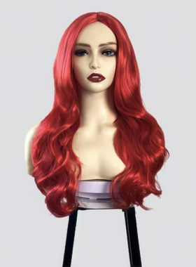 假发Mera cosplay红色长卷发万圣节中分大波浪化纤假发头套