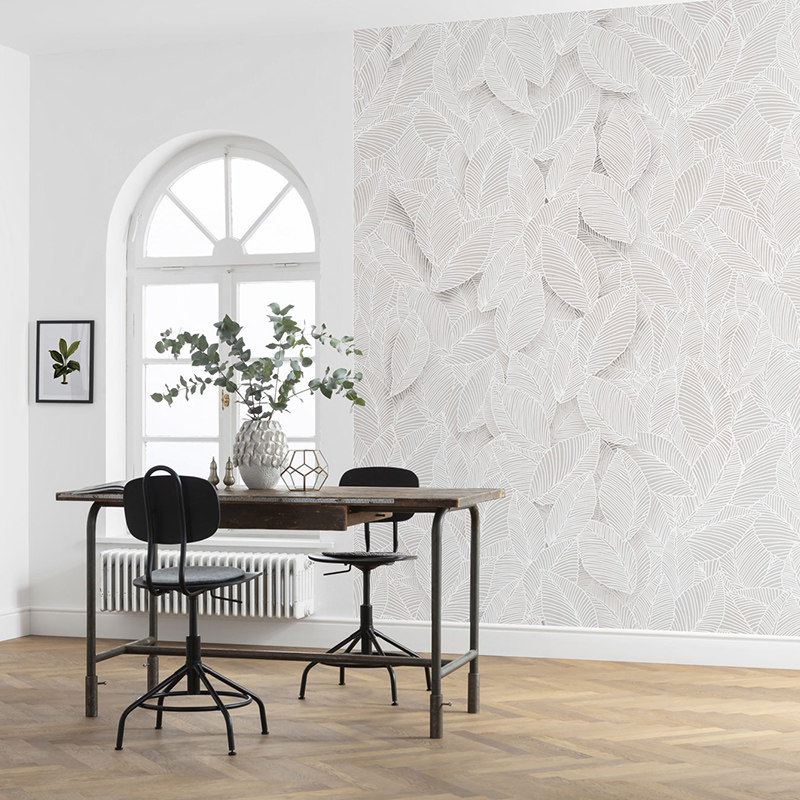 墙酷 简约北欧现代叶子白色植物纹理壁纸客餐厅玄关背景壁画 叶纹