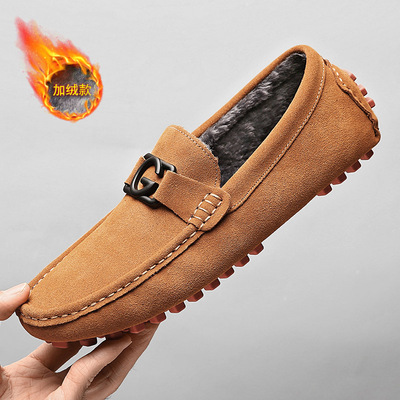 Pomeranian秋冬新品加绒豆豆鞋男真皮软面金属扣驾车潮鞋保暖休闲