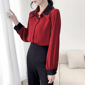 双层领拼色女士衬衫2020秋装新款韩版气质设计感小众红色雪纺上衣
