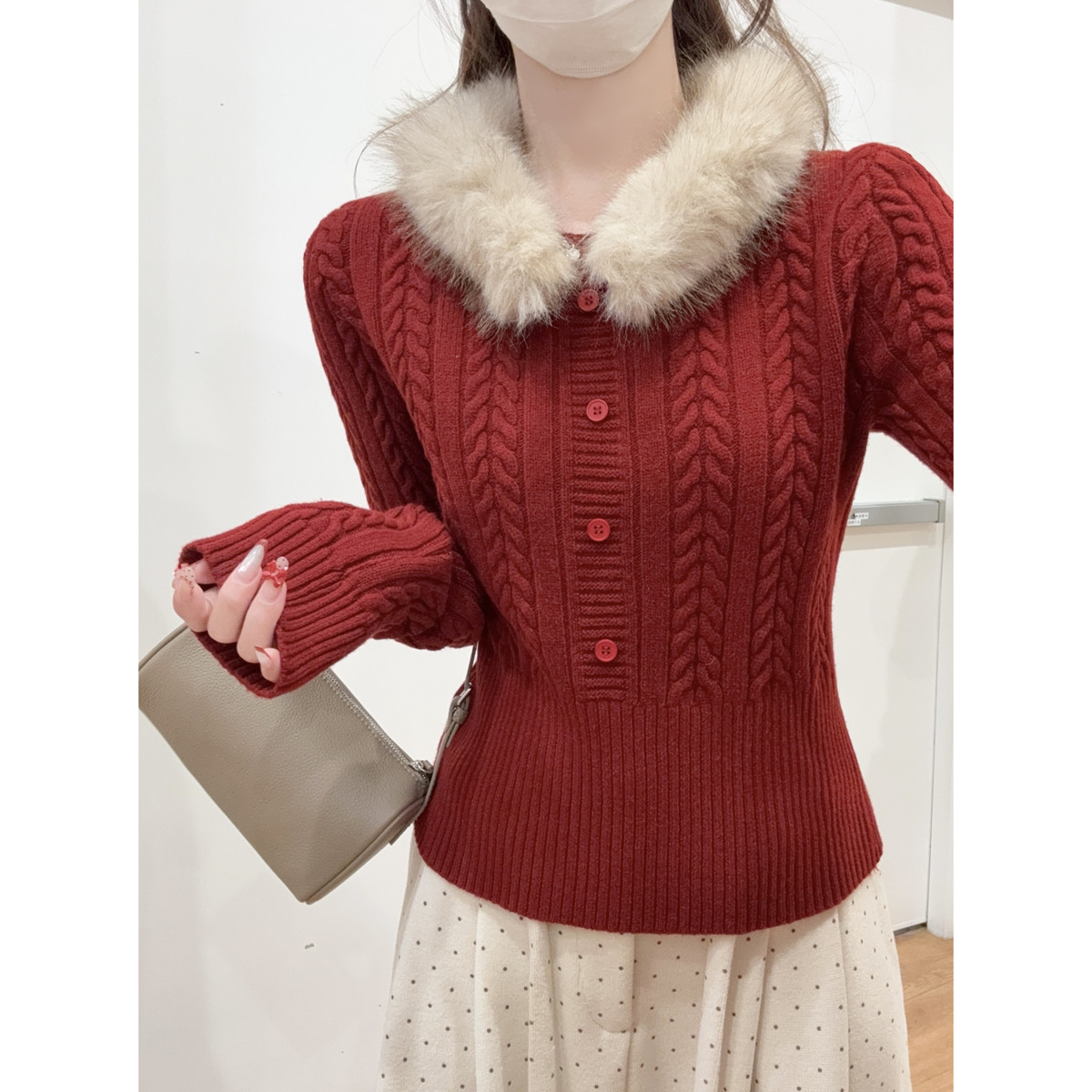 绞花毛领减龄修身内搭长袖针织衫毛衣女春秋冬季打底慵懒别致上衣