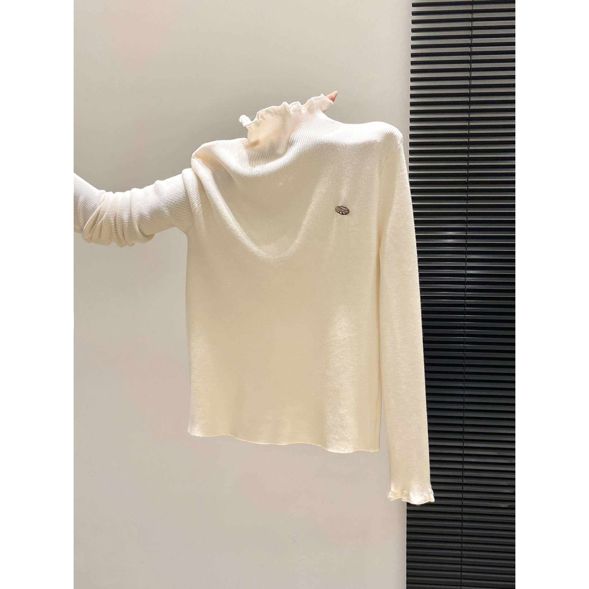 文艺复古木耳边半高领内搭软糯长袖针织打底衫毛衣女春秋冬季上衣