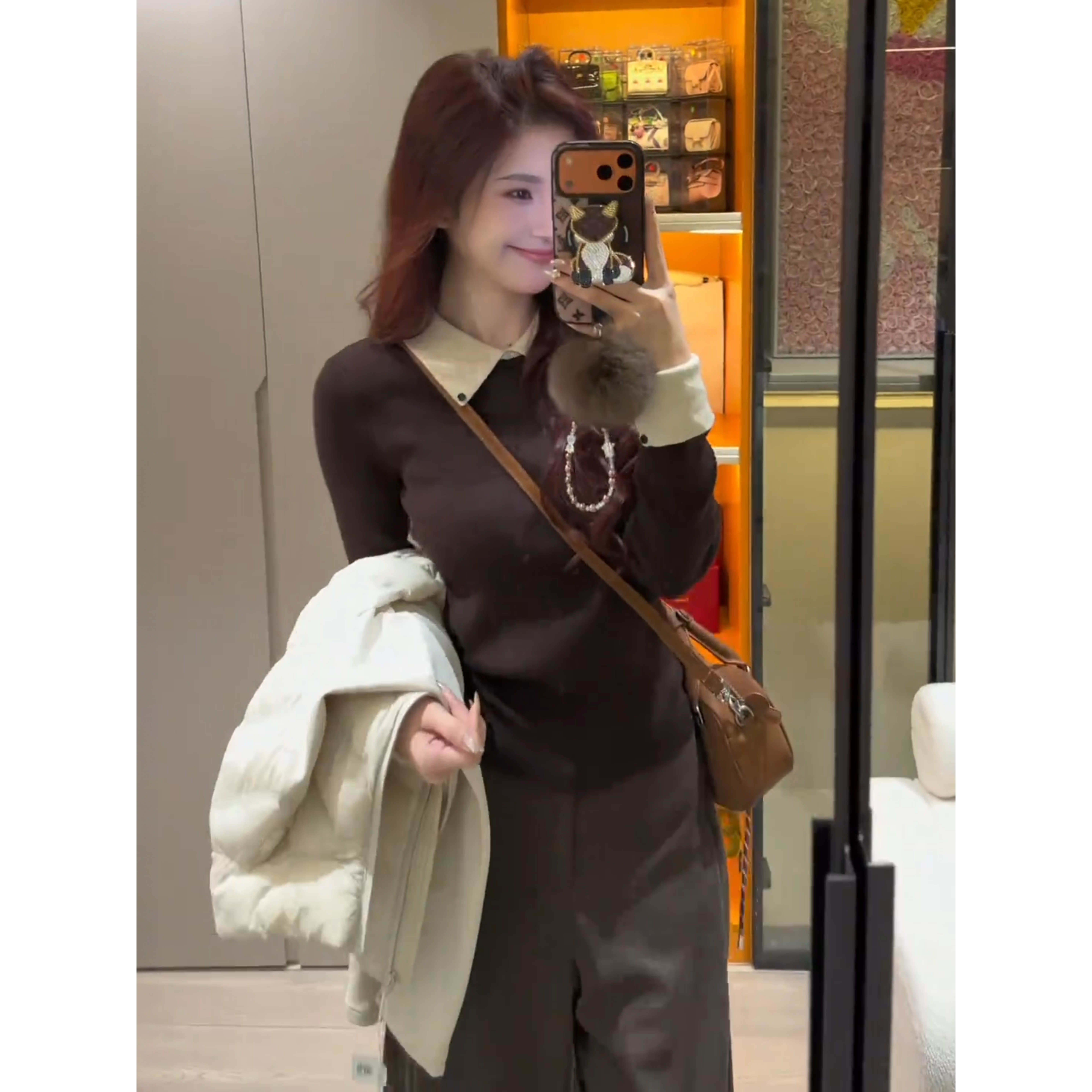 氛围感内搭毛衣撞色polo领假两件