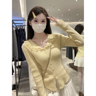 氛围感元气减龄娃娃领蕾丝漂亮针织衫毛衣女秋冬修身长袖打底上衣