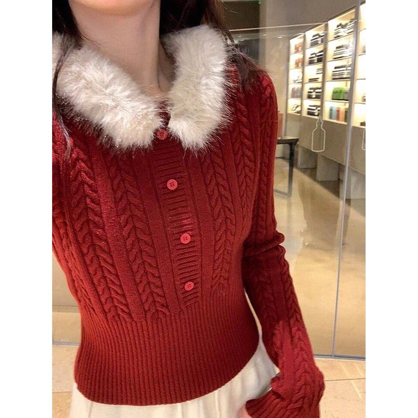 温柔风减龄麻花红色毛领针织衫毛衣女春秋冬季修身打底长袖上衣潮,女装/女士精品,毛衣,淘宝优惠券,粉丝福利购,淘宝优惠卷