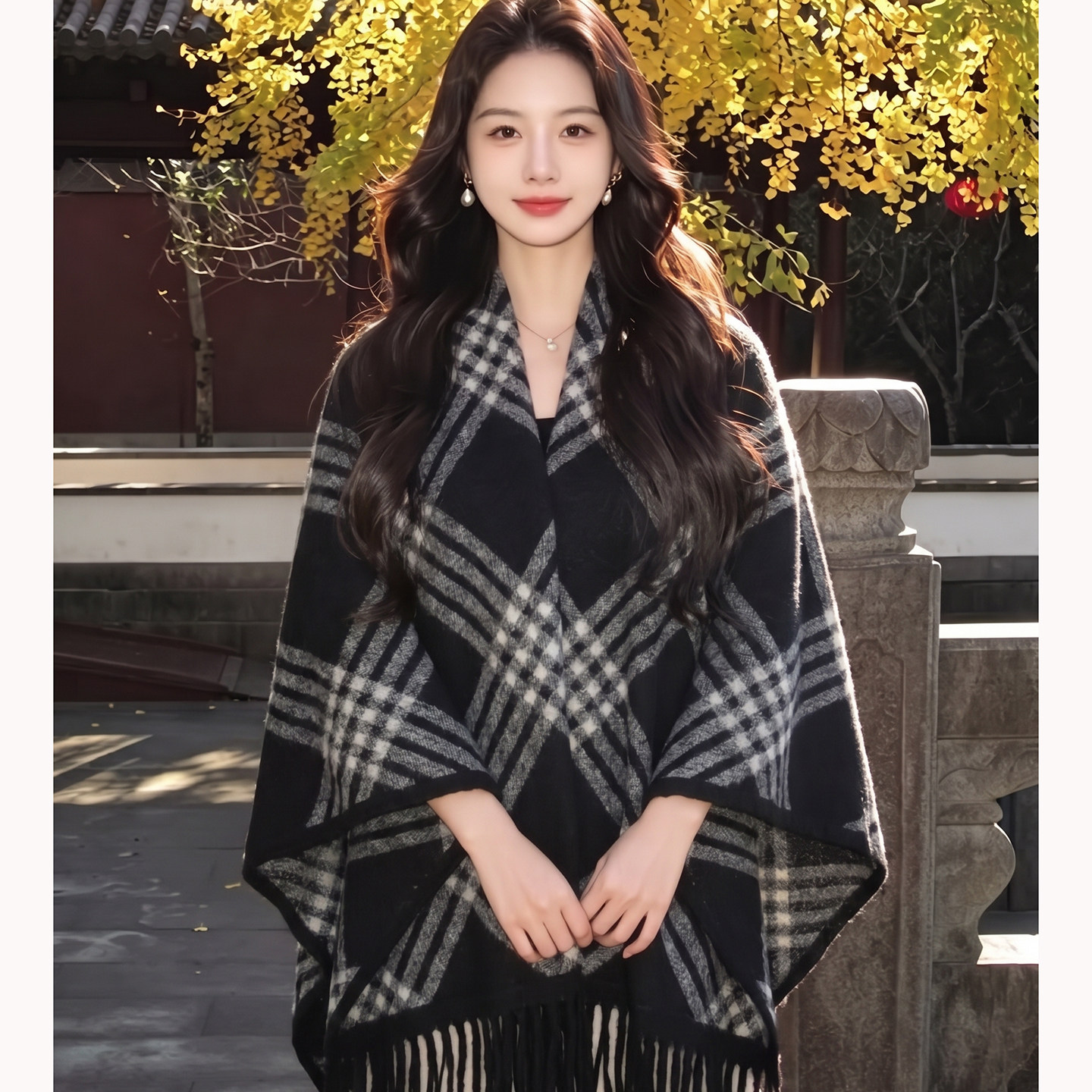 经典黑白格纹仿羊绒披肩女2026新款秋冬加厚保暖气质百搭披风斗篷