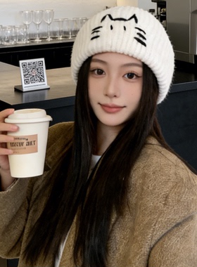 线条小猫可爱毛线帽女秋冬2025新款保暖防风百搭简约护耳帽针织帽