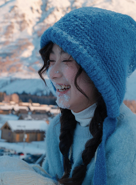 蓝色巴拉克拉法帽子女秋冬季保暖雷锋帽护耳针织套头帽复古毛线帽