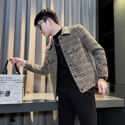 加小码加厚呢子修身外套男矮个子XS码S号韩版潮牌格子短款夹克155