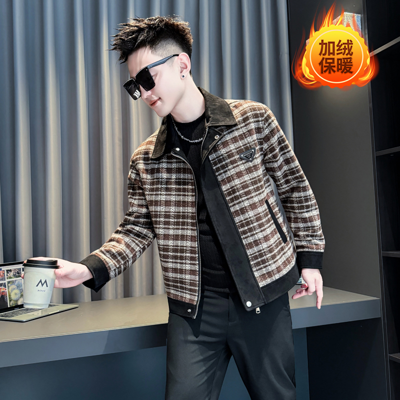 韩版加小码格子翻领修身夹克