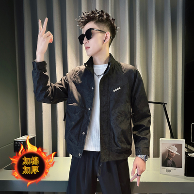 小码秋冬加厚外套男矮小个子XS码S号暗花加棉修身潮流立领夹克160