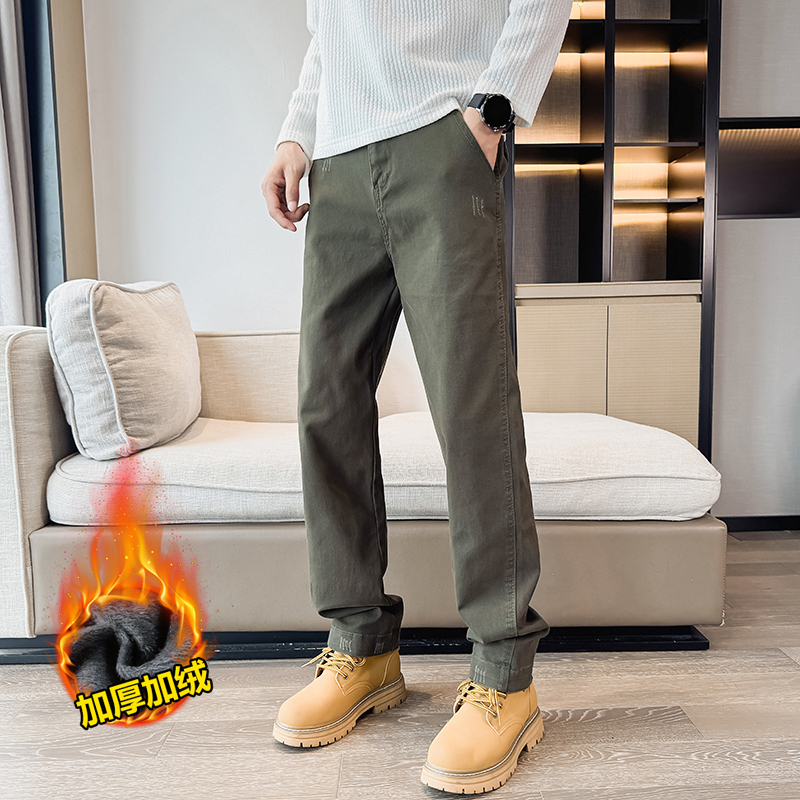 冬季小码加绒加厚男士直筒牛仔裤