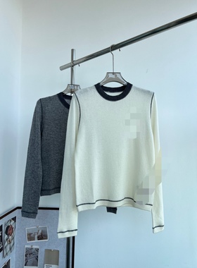 100%羊绒微透撞色圆领英伦风长袖毛织套头衫百搭风女毛衣25早秋新