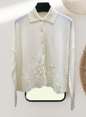 小众|25早春新刺绣镂空长袖翻领针织衫女设计感纯色百搭宽松开衫