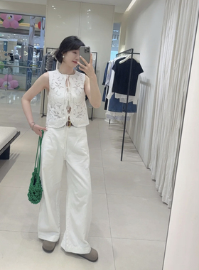 高圆圆 麻棉混纺 镂空刺绣系带马甲无袖坎肩上衣 锦棉刺绣