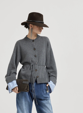 100%山羊绒纱线 25bc新可拆卸条纹珠链袖口毛织腰带宽松开衫外套