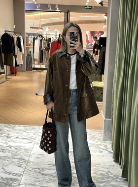 金咖系工装风 撞色拼接pu皮翻领口袋长袖微阔外套 25早秋新mo女