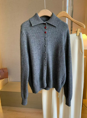特惠活动！翻领方领针织开衫100%高领羊毛开衫撞色布包纽