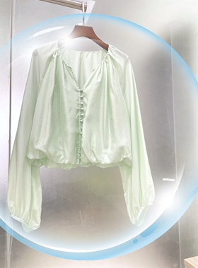现货春的气息 ED双层真丝电力纺v领灯笼袖宫廷风装饰布包纽衬衣