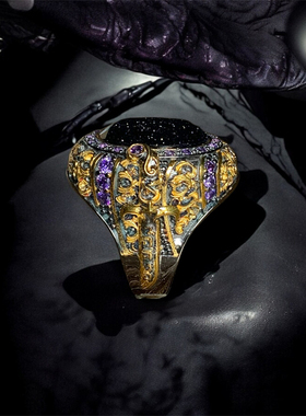 SELIM土耳其复古重工立体刺绣戒指男女海蓝宝石镶嵌个性指环