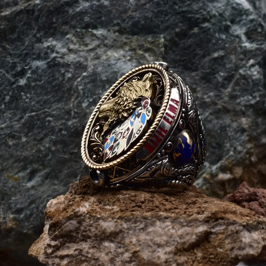 男士圆形可调节复古925银狮子纹章戒指男雕刻重工时尚戒指礼盒装