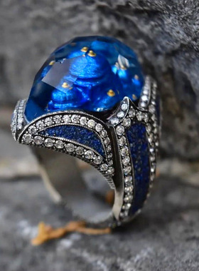 土耳其手工925纯银戒指复古蓝色男士礼物个性小众高级精致指环
