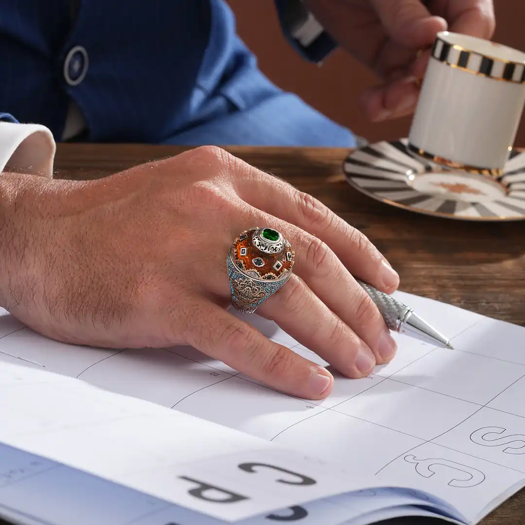 复古925银戒指男士时尚雕刻宝石圆形可调节礼盒装时尚戒指轻奢风