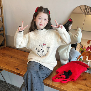 女童加厚半高领毛衣女孩洋气针织衫内搭上衣冬装新款100~170米色