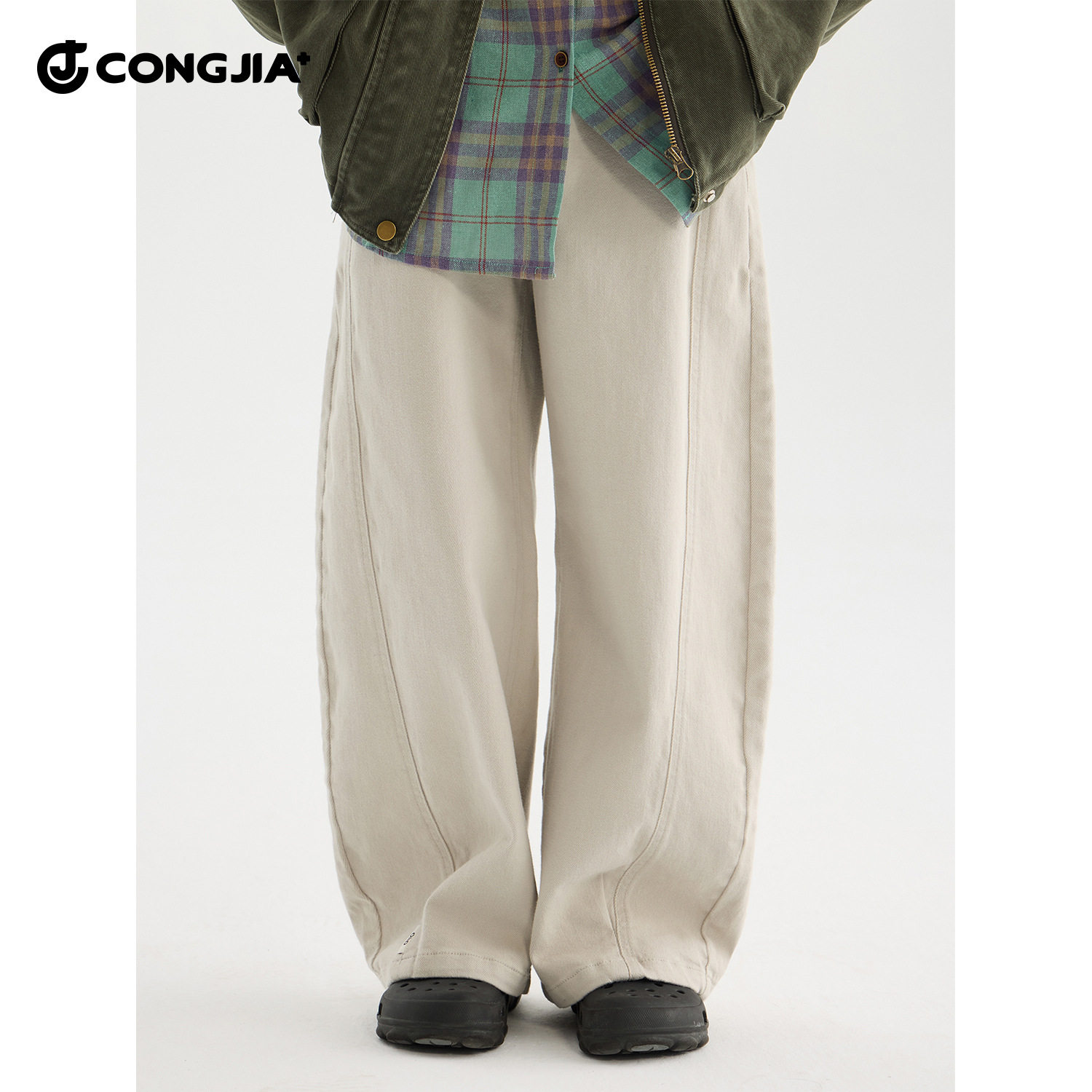 女童侧拼牛仔裤2025秋装新款女孩宽松百搭休闲裤高腰阔腿米灰色潮