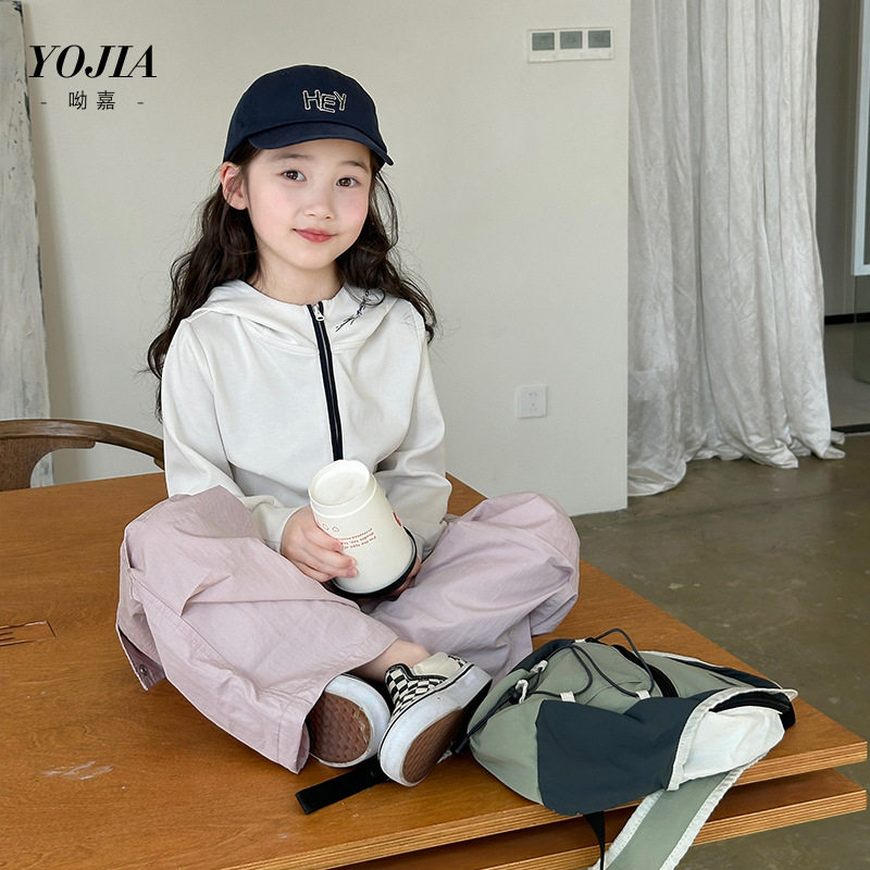 中大女童白色连帽外套25春装新款女孩韩范修身拉链衫上衣110~170