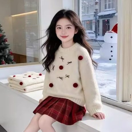 女童套头针织衫格子短裙两件套