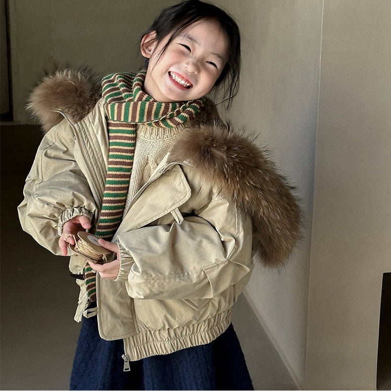 大女孩真毛领羽绒服冬女童90白鸭绒加厚短款外套卡其黑色130~170