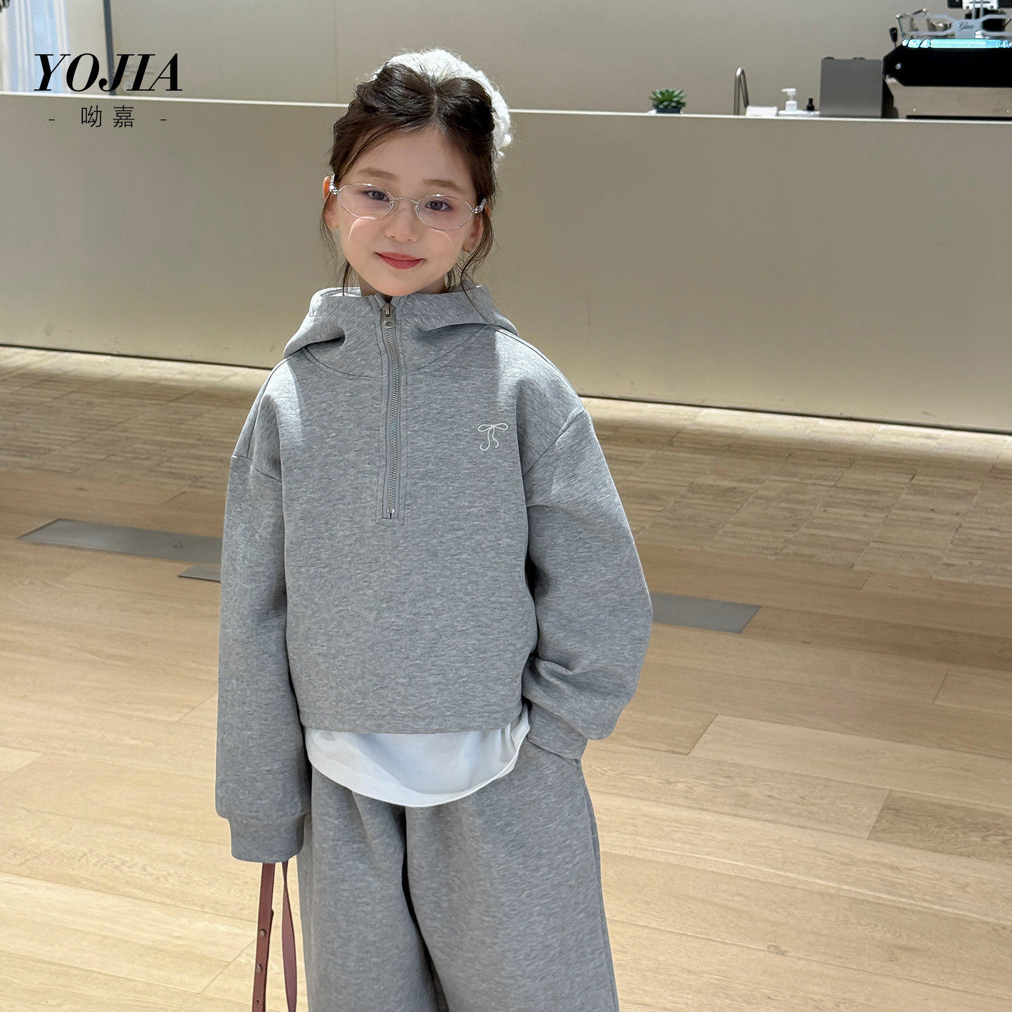 中大女童卫衣套装春26新款洋气宽松小女孩连帽套装灰色110~170潮