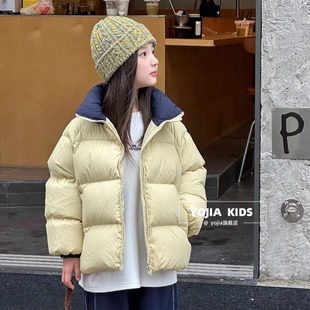 大女孩立领羽绒服冬装2025新款女童拼色保暖90绒加厚面包服黄色潮
