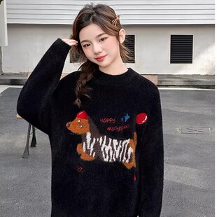 大女孩圆领毛衣小狗提花针织衫中大女童线衣打底衫内搭米白色黑色