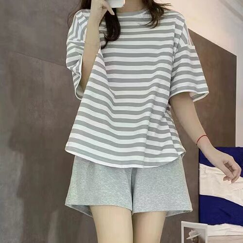 睡衣女夏季新款短袖纯棉简约时尚条纹套装夏天宽松可外穿家居服女