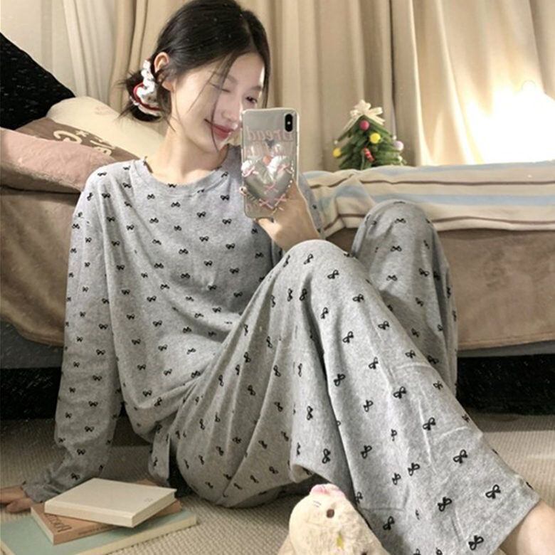 睡衣女春秋季新款蝴蝶结纯棉长袖套装休闲宽松可爱学生少女家居服