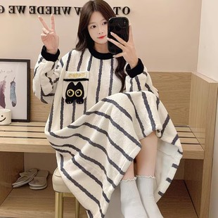 新款秋冬季睡裙女冬天珊瑚绒连衣裙卡通甜美加绒加厚法兰绒家居服