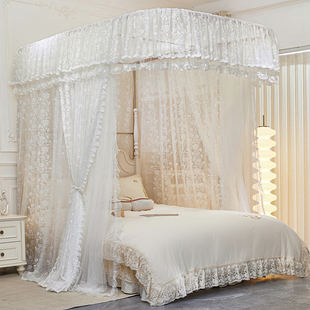 家用U型导轨式双层蕾丝蚊帐加密三开门卧室防尘床幔民宿拍摄支架3