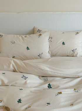 A类母婴级亚麻床单四件套全棉棉麻刺绣雏菊白色被套床笠床上用品4