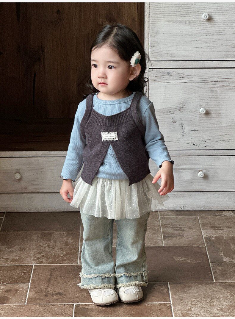 女童套装2025春季新款中小童2-7岁针织毛衣背心翻领衬衫阔腿裤YH