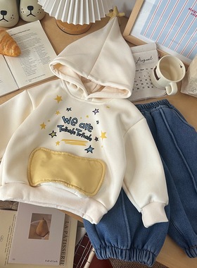 女童加绒连帽卫衣2025新款韩版星星加绒套头（现货）
