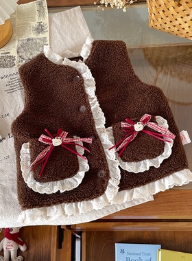 儿童夹棉马甲小童蝴蝶结花边女童马甲