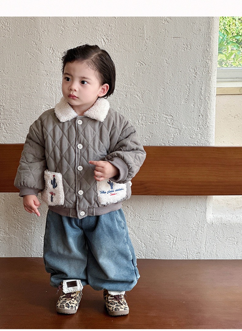 2025冬季新款男童加厚棉服外套加绒牛仔裤