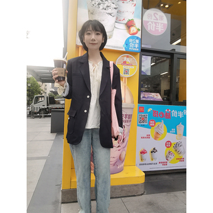 娜玉气质休闲西服外套女2023秋简约超宽松中长款外套