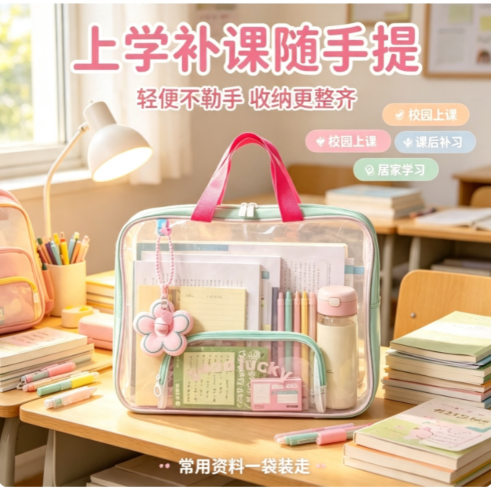 横版手提拉链网纱科目分类袋