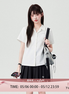 花铃太太jk春季新款开襟领短袖衬衫女2026年学院风基础白色衬衣