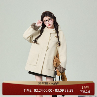 花铃太太2026年秋冬季牛角扣短款外套甜美学院风毛呢上衣夹棉大衣