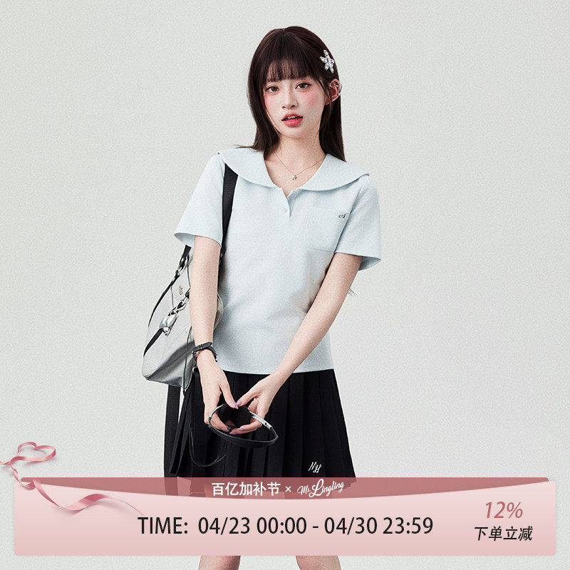 花铃太太原创jk制服水手领短袖T恤女春季蓝色学院日系POLO衫套装